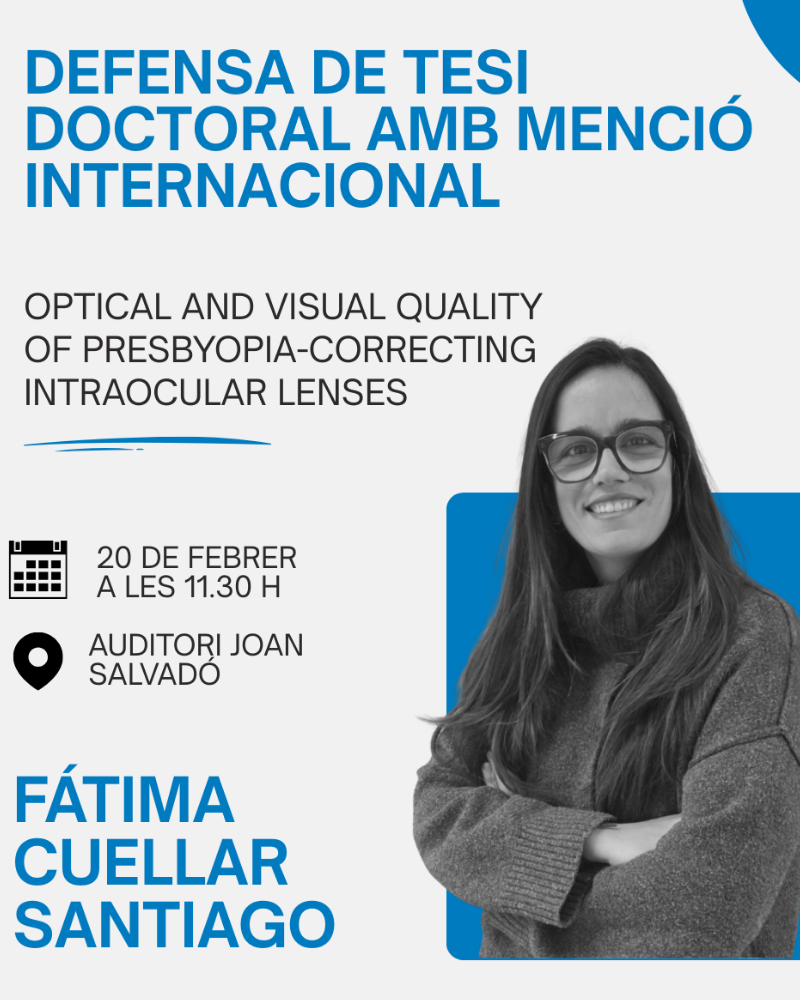 Fátima Cuellar Santiago defends a doctoral thesis with an international mention on the optical and visual quality of intraocular lenses for the correction of presbyopia.