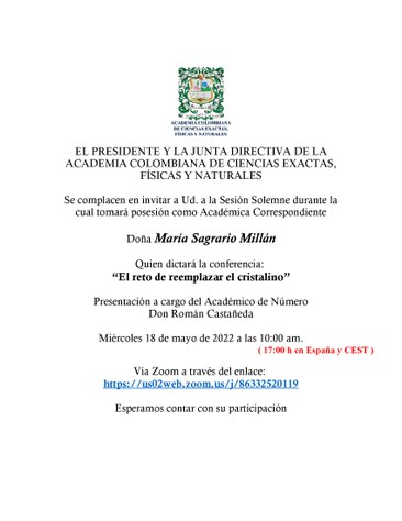 Acto de posesión de la profesora de la FOOT Maria Sagrario Millán como Académica de la Academia Colombiana de Ciencias Exactas, Físicas y Naturales